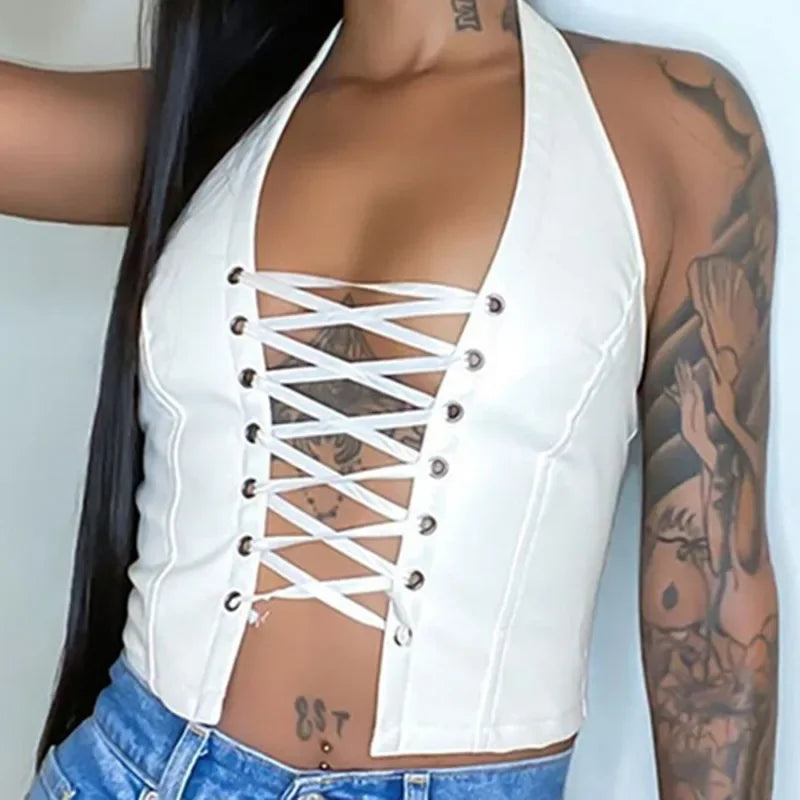 Sexy PU Leder Tank Top Damen Tops Schwarz Corset Dessous Bodysuit Shirt Damentop