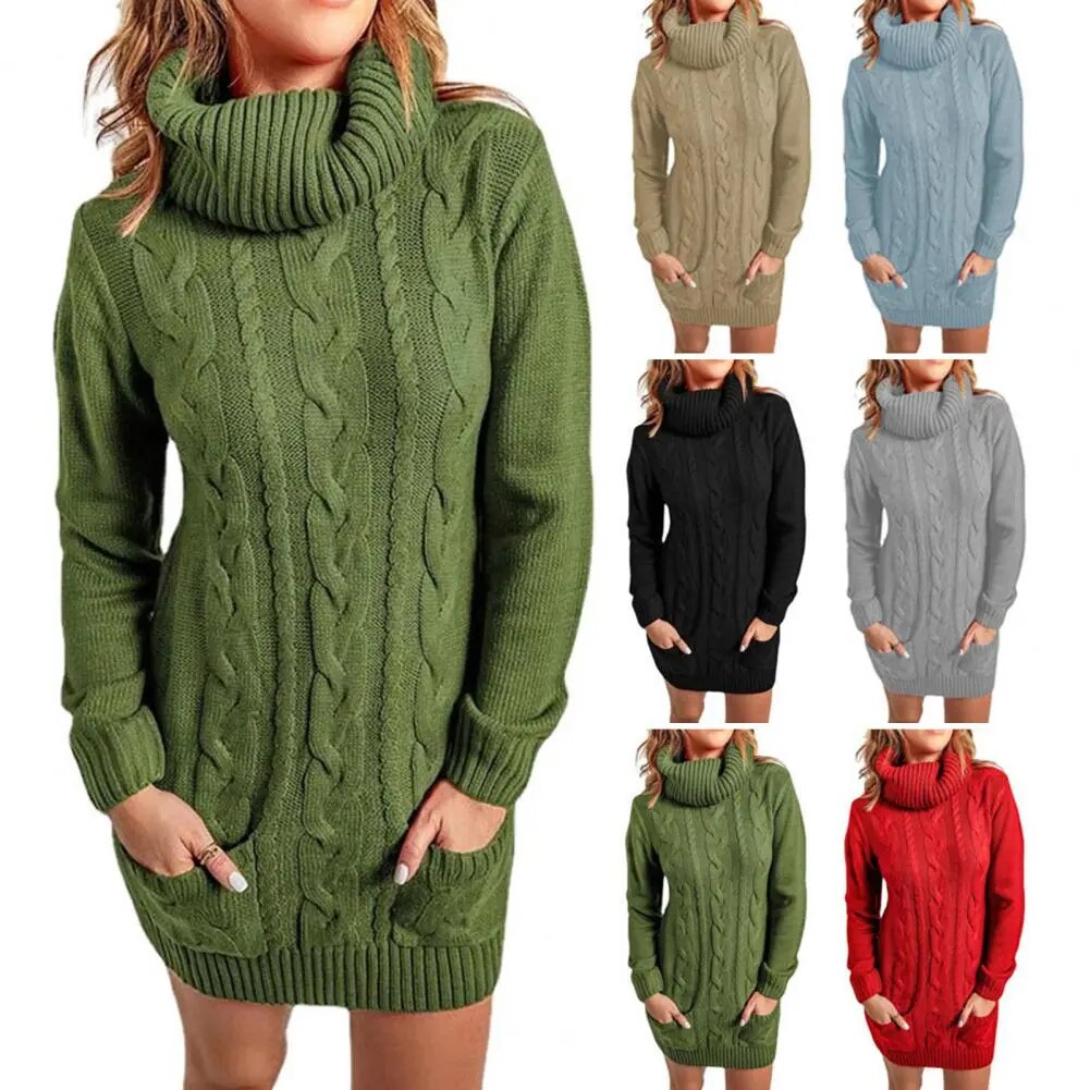 Damen Wollkleid Rollkragen Herbstkleid Winterkleid Strickkleid Longpullover