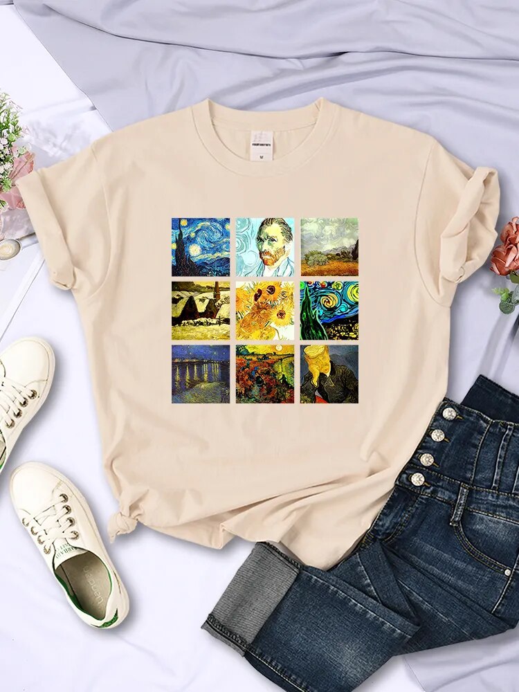 Damen Sommer Top Van Gogh Hipster T-Shirt Rundhals Streetwear lockeres Damentop
