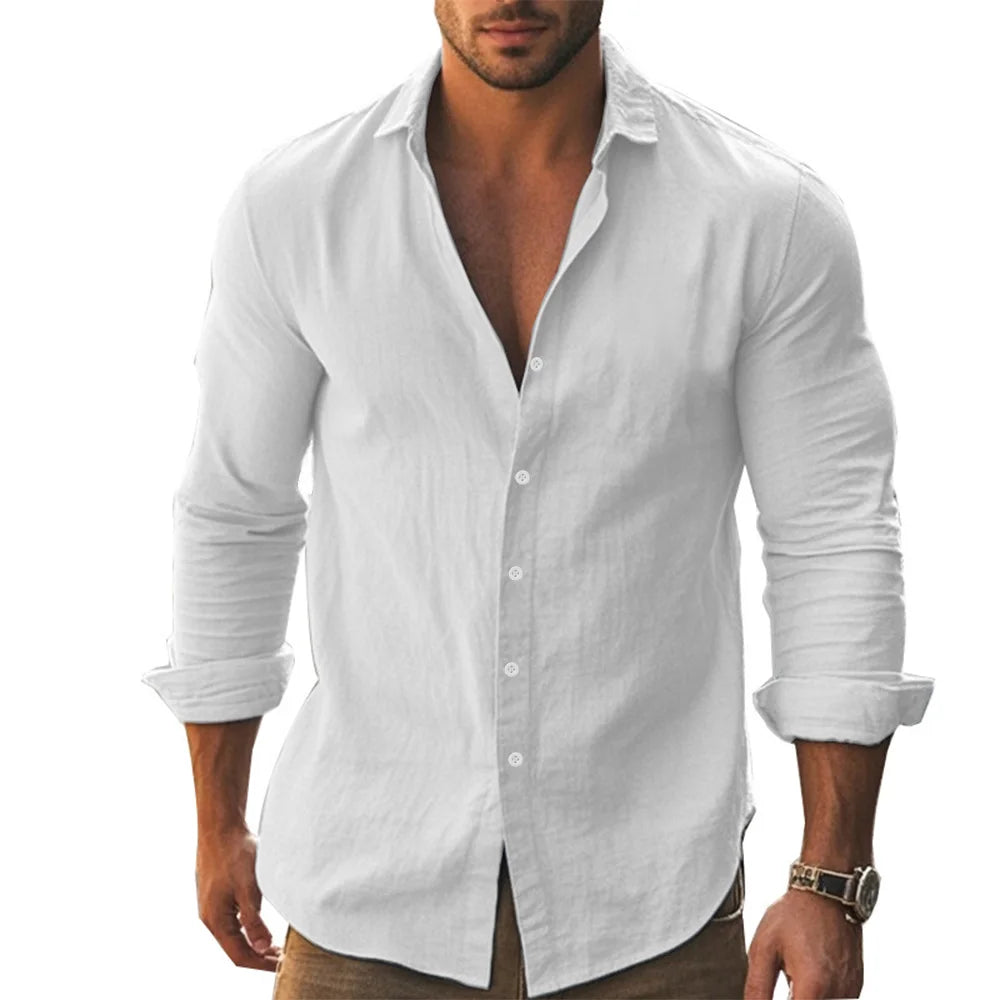 Herren Poloshirt Leinenhemd Langarm T-Shirt Leinen Hemd Polohemd Freizeithemd