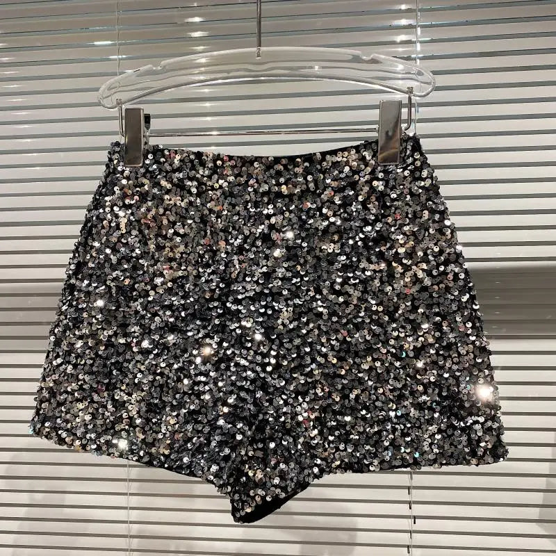 Damen Bermuda Shorts Hot Pants Kurze Hose Samt Pailletten Glänzende Clubwear