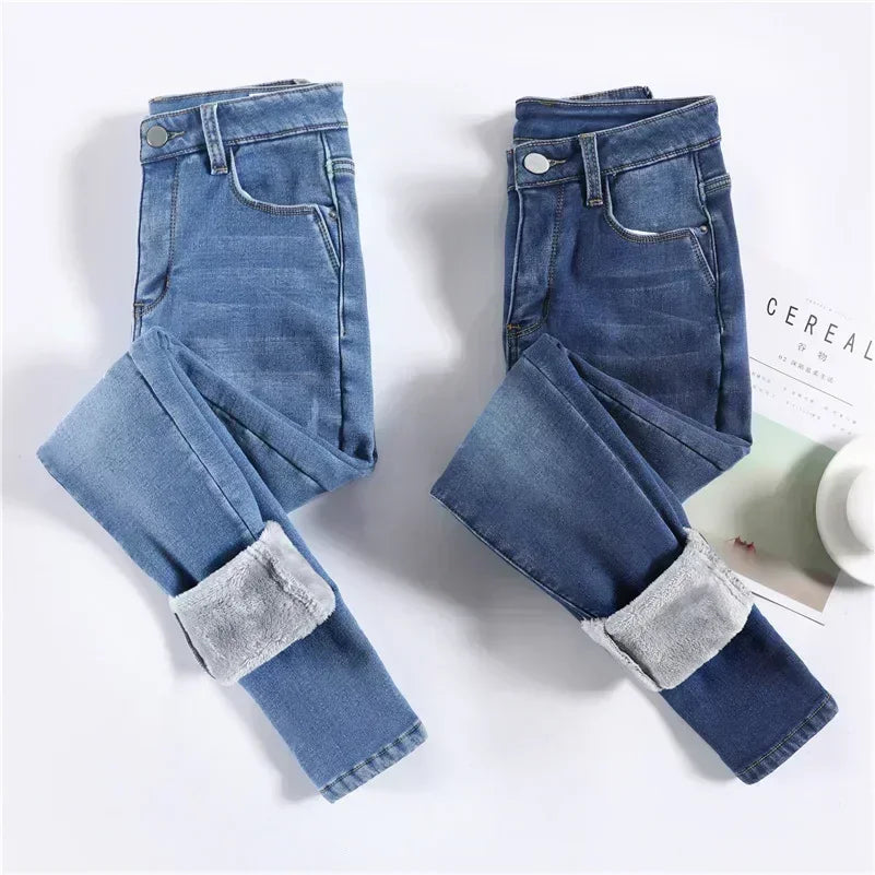 Damen Winter Warm Thermo Jeans Hose Innenfleece Stretch Hosen Leggins Denim