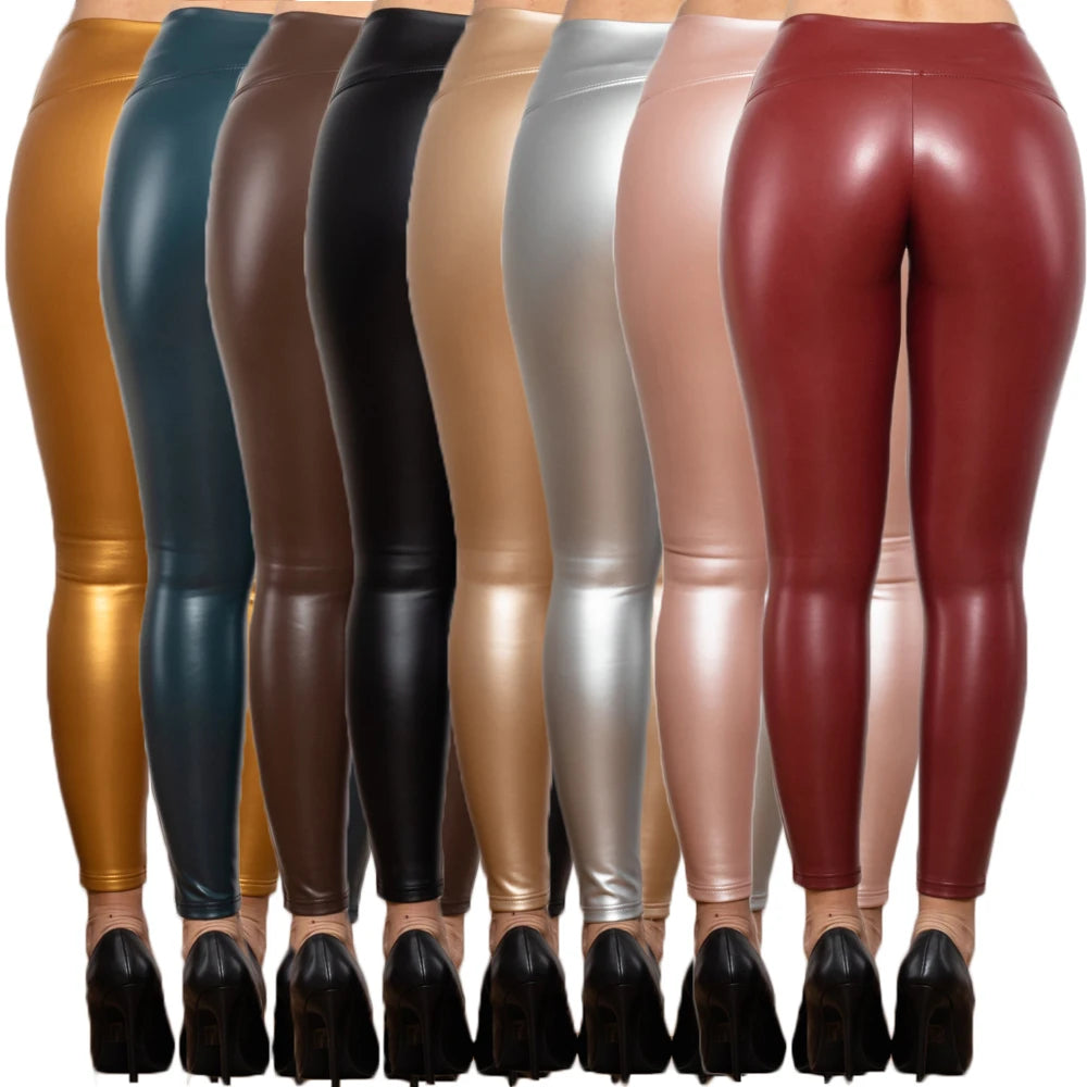 Damen Leggings Leggins Lang Hose Leder Optik Nachtclub Sexy PU Hohe Elastizität