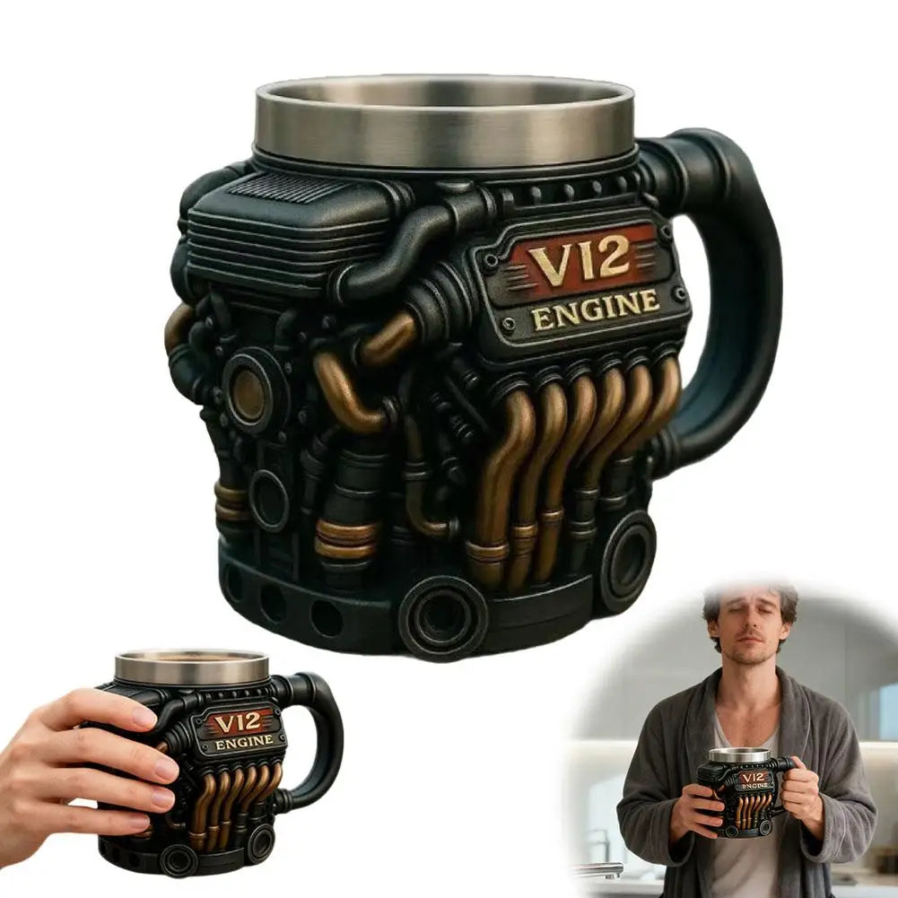 Edelstahl-Kaffeebecher Mug V8-Motoren-Motiv Kaffeetasse Becher Tasse Geschenk