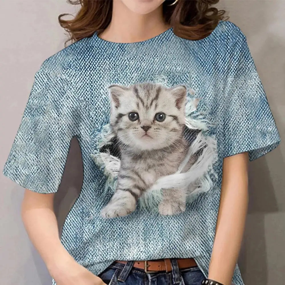Damen Sommer Top 3D Katzen T-Shirt Rundhals Streetwear lockeres Damentop Bluse