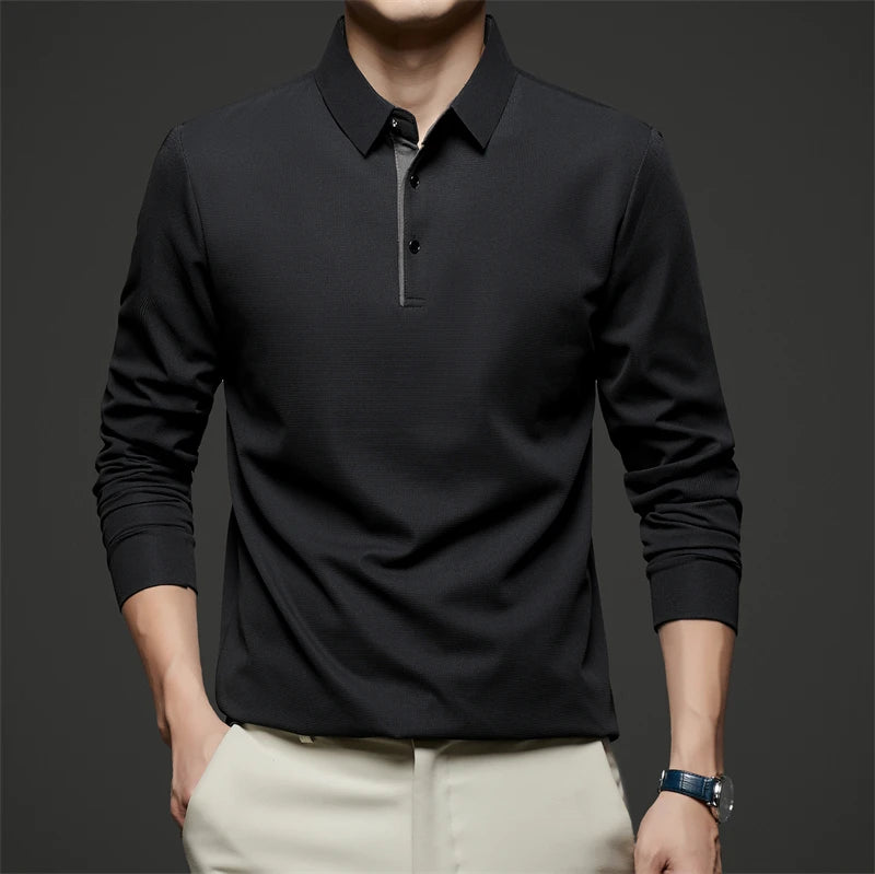 Neues Herren-Poloshirt, Business-Casual, langärmelig, einfarbig, modisch, warm, bequem, vielseitiges Oberteil für vier Jahreszeiten