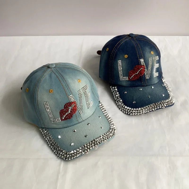 Jeans Basecap Cappy Denim Look Cap Kappe LOVE Strass gebogen Herren Damen