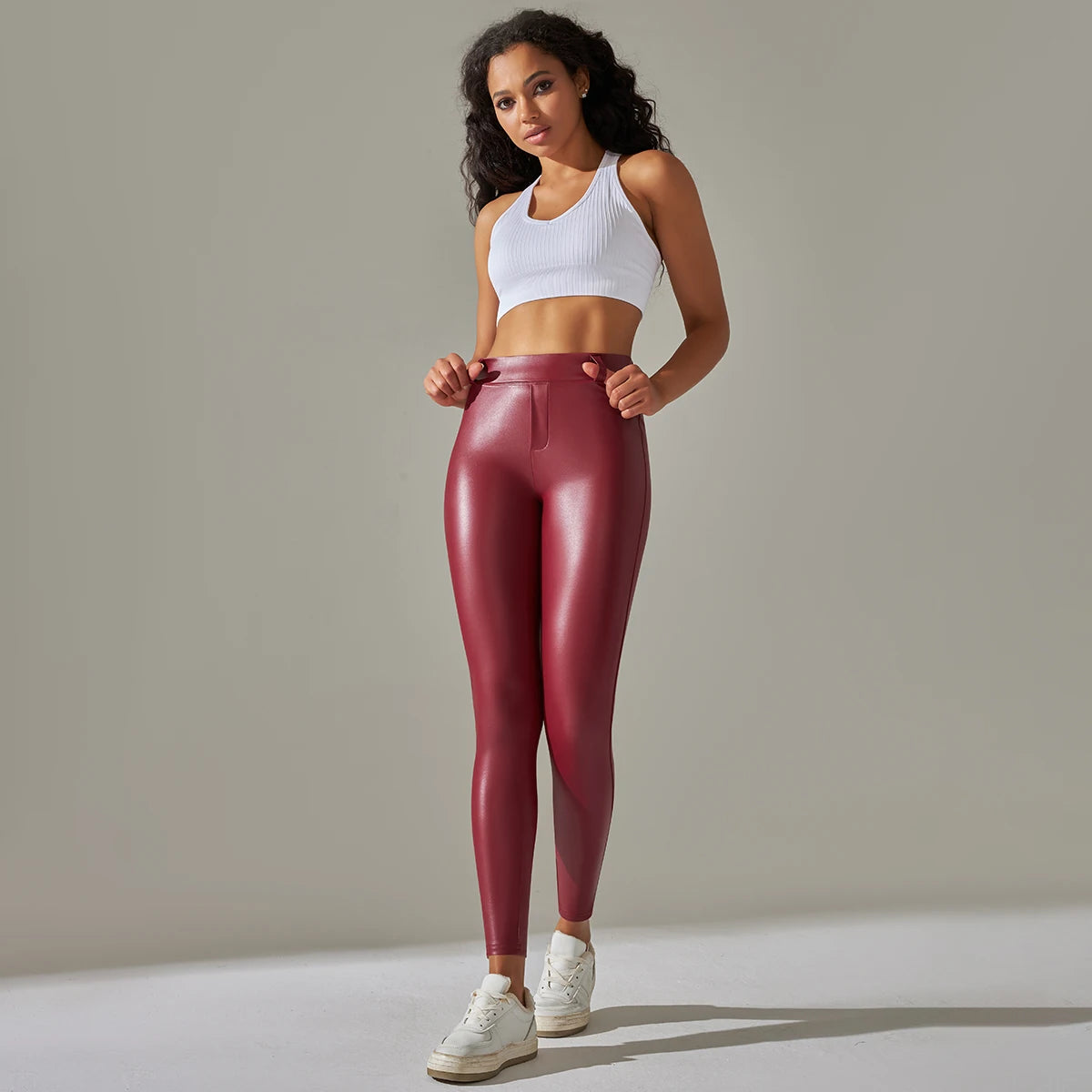 Damen Fashion Leggings Push Up Leggins Hose PU Lederhose mit Taschen Sexy