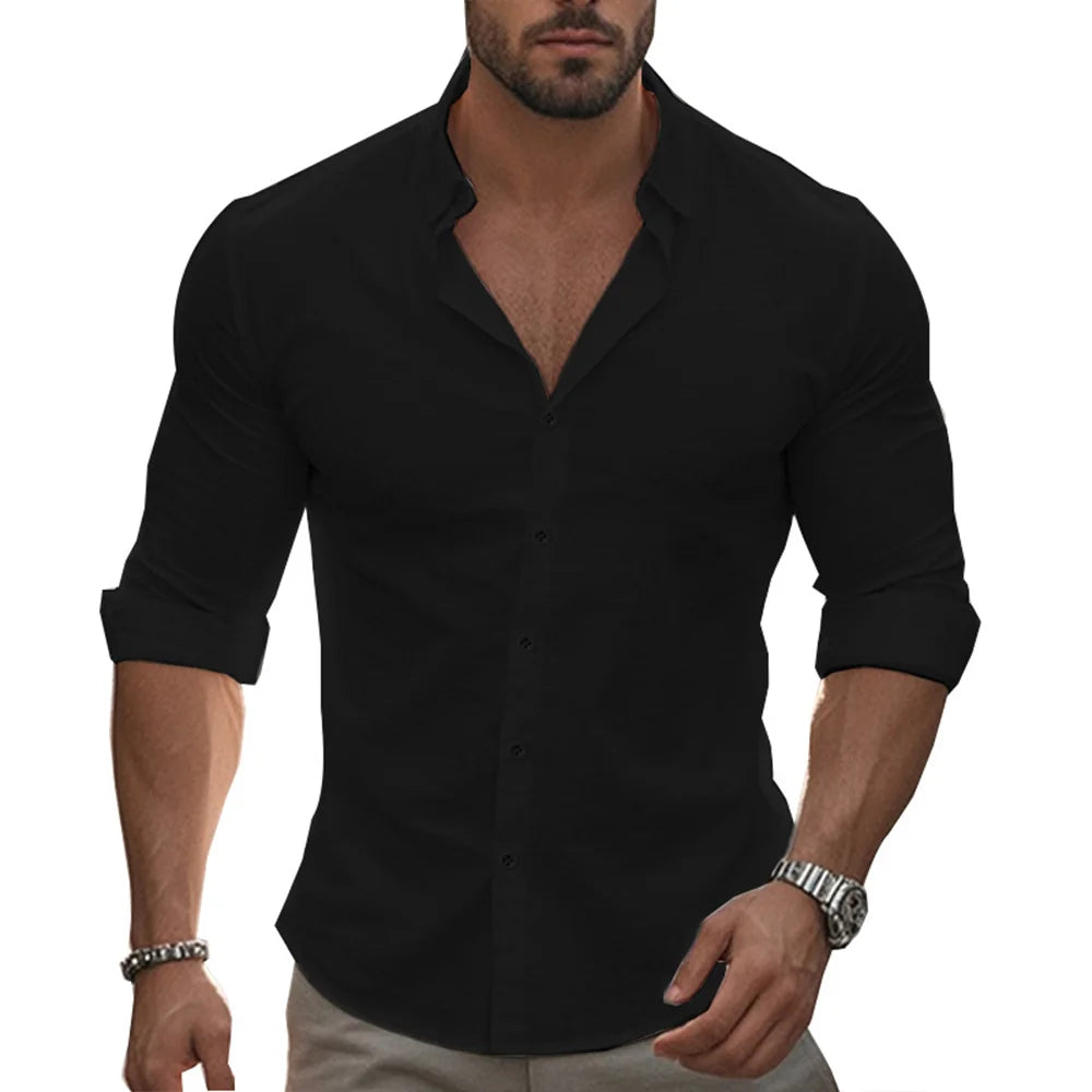 Herren Poloshirt Leinenhemd Langarm T-Shirt Leinen Hemd Polohemd Freizeithemd