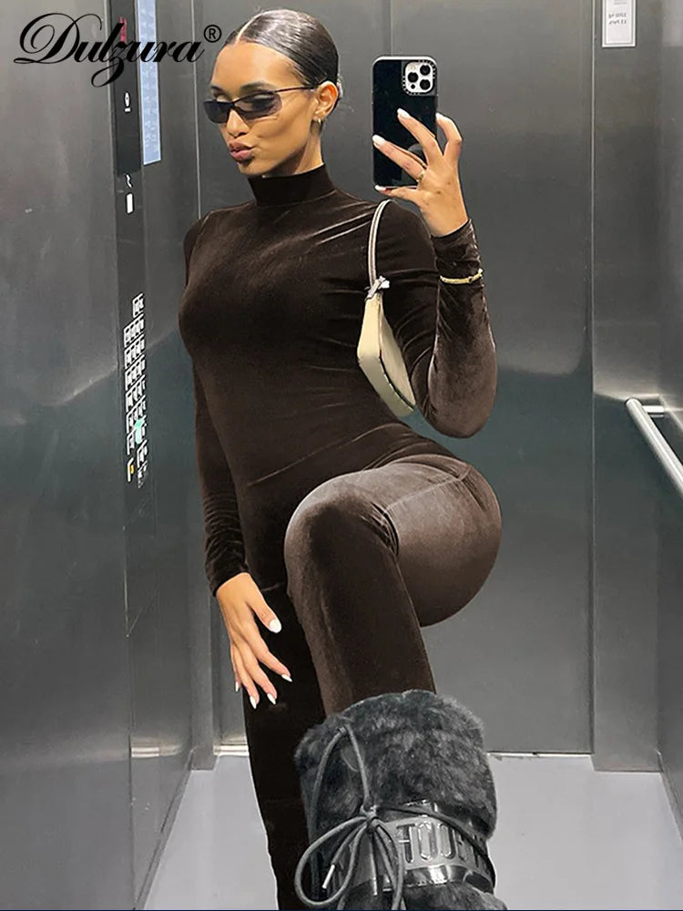 Dulzura Herbst Samt Sexy Y2K Kleidung Lange Hülse O-ansatz Bodycon Dünne Zipper Overall Frauen Sportliche Streetwear Strampler Outfits