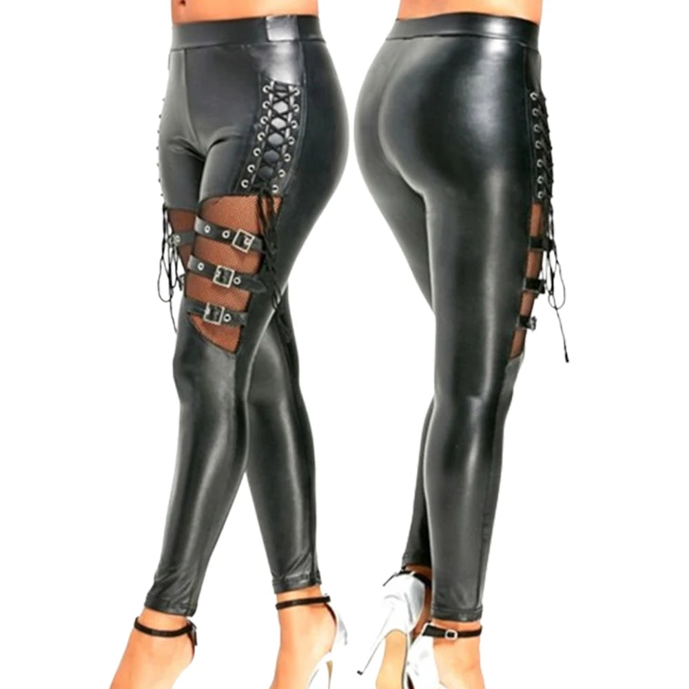 Sexy Damen Leggings Push Up Leggins Gothic Punk Hose PU Lederhose mit Kordelzug