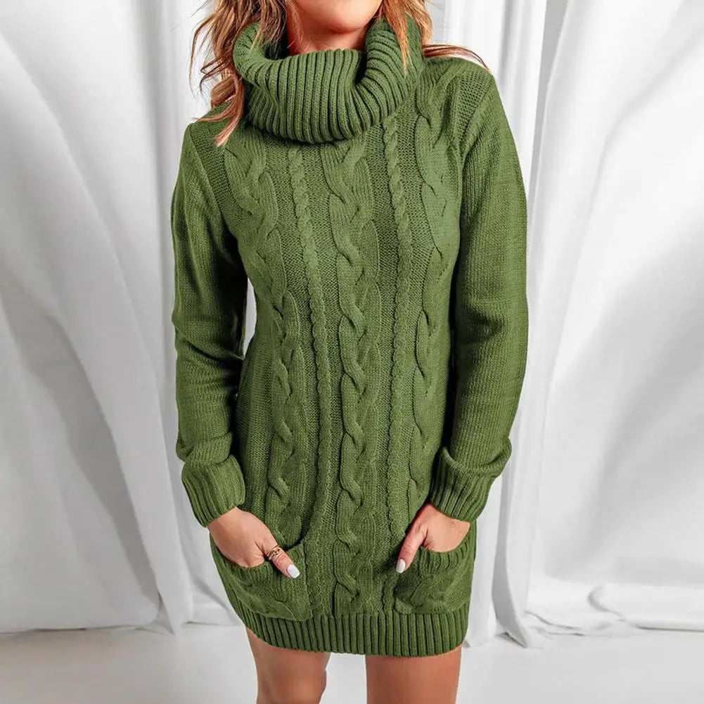 Damen Wollkleid Rollkragen Herbstkleid Winterkleid Strickkleid Longpullover