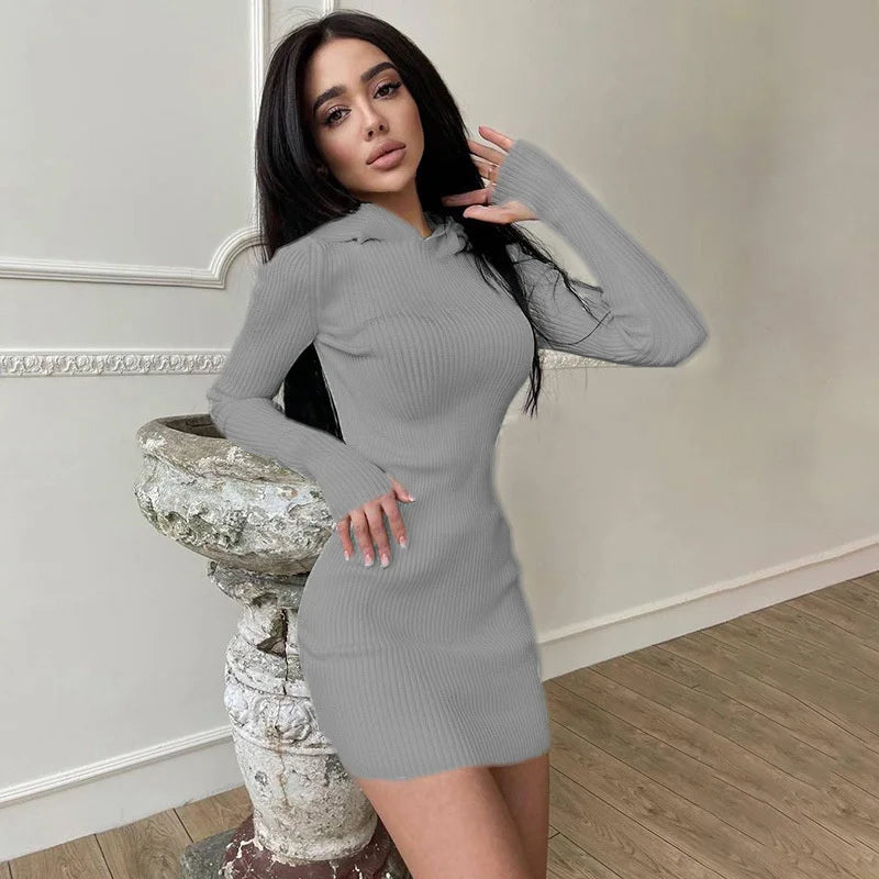 Damen Kleid Pulloverkleid Kapuzenpullover Hoodie Pullikleid Kapuzenkleid