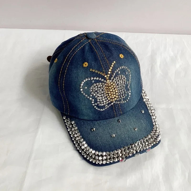 Jeans Basecap Cappy Denim Look Cap Kappe LOVE Strass gebogen Herren Damen