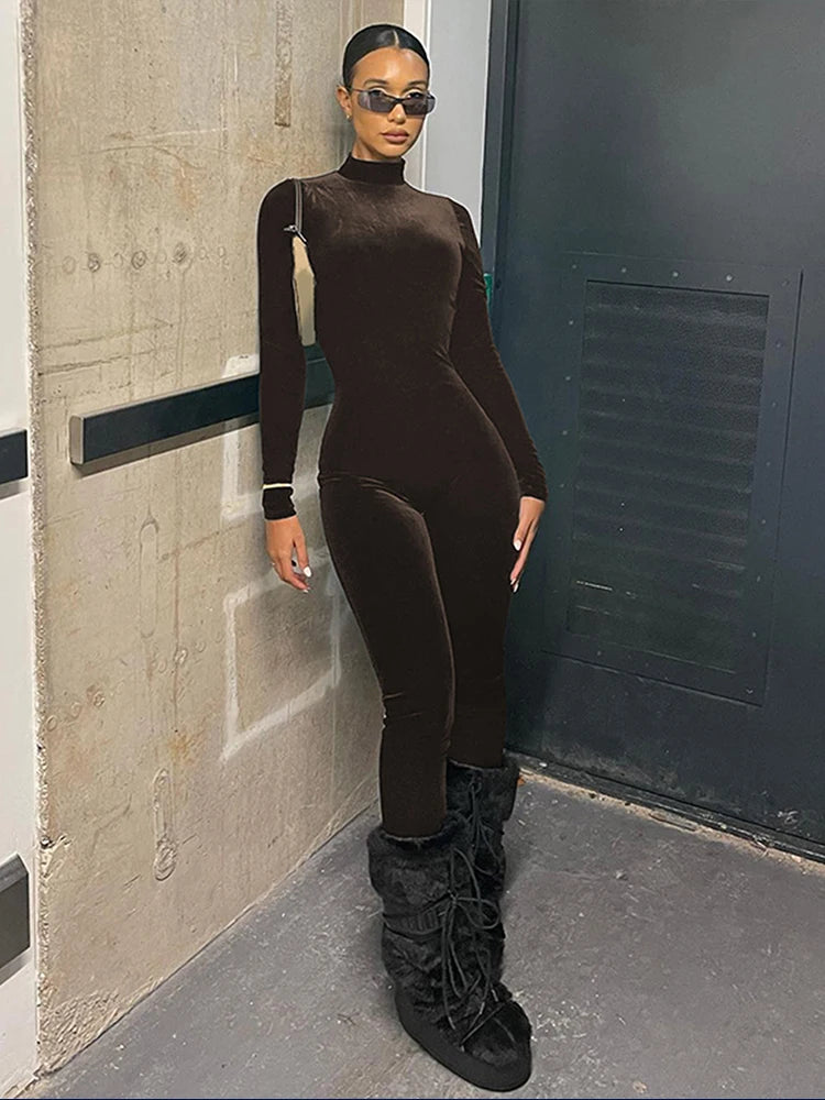Dulzura Herbst Samt Sexy Y2K Kleidung Lange Hülse O-ansatz Bodycon Dünne Zipper Overall Frauen Sportliche Streetwear Strampler Outfits