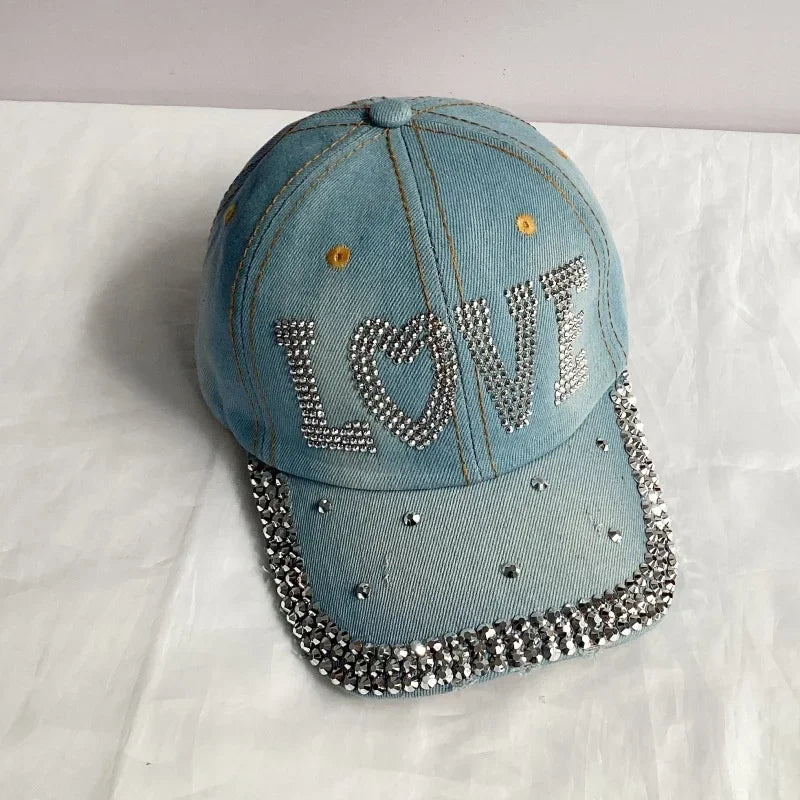 Jeans Basecap Cappy Denim Look Cap Kappe LOVE Strass gebogen Herren Damen
