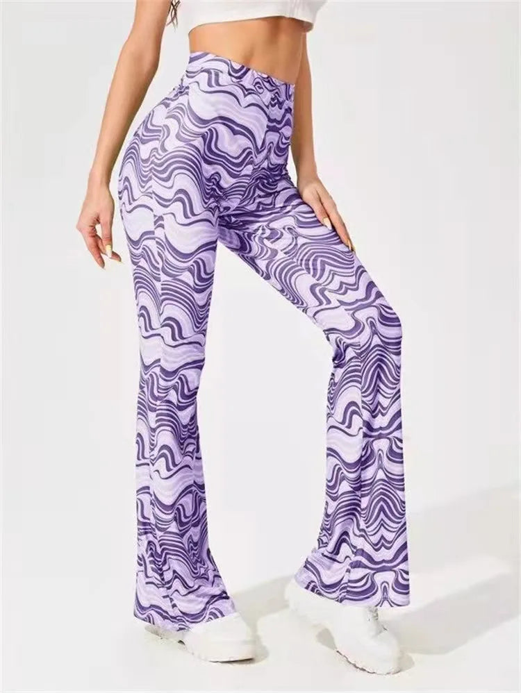 Damen Yoga Hose Bootcut Hüftjeans Schlaghose Flared Leggins Flower Power Retro