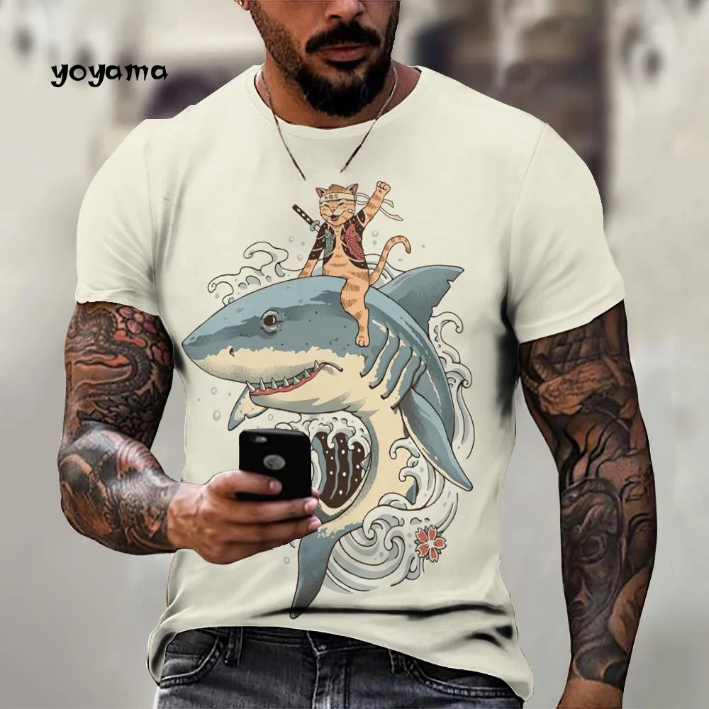 Japanische Samurai Katze Muster männer T-Shirt 3D Spaß Druck Kurzarm Sommer T-Shirt Harajuku Tops männer Straße Casual kleidung