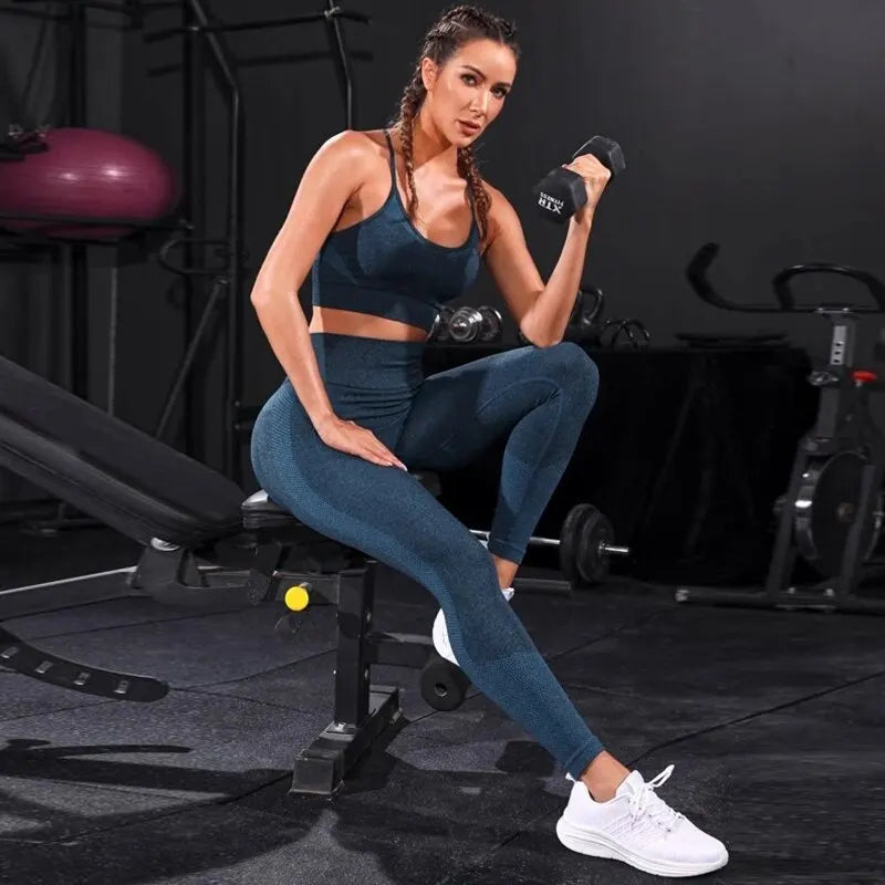 Damen Leggings Push Up Stretch Leggins Yoga Fitness Hose Sport BH Set Top Gym