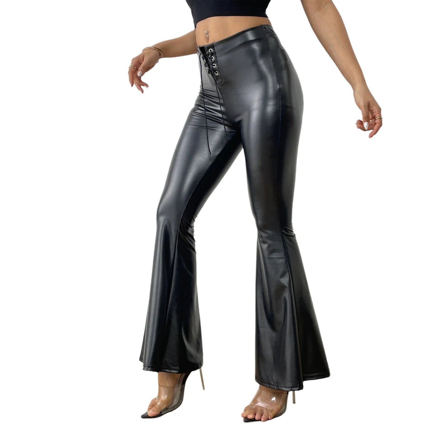 Sexy Damen Fashion Hose Gothic Punk glänzende PU Lederhose Schlaghose Latex