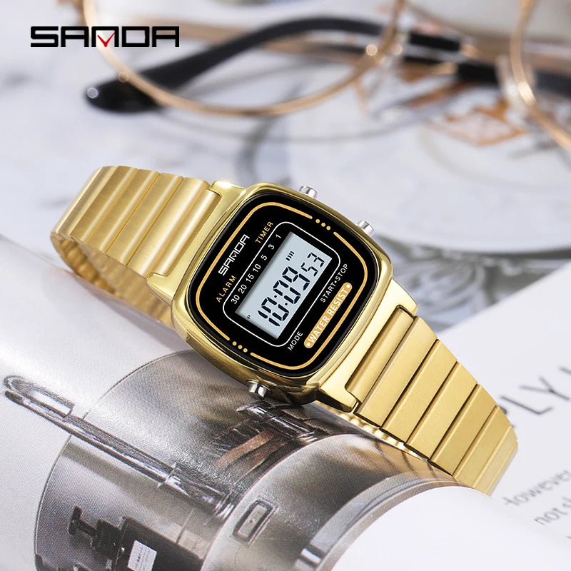 Damen Armbanduhr Armband Retro Digital Uhr Luxus Quarz Gold Quarzuhr LED-Anzeige