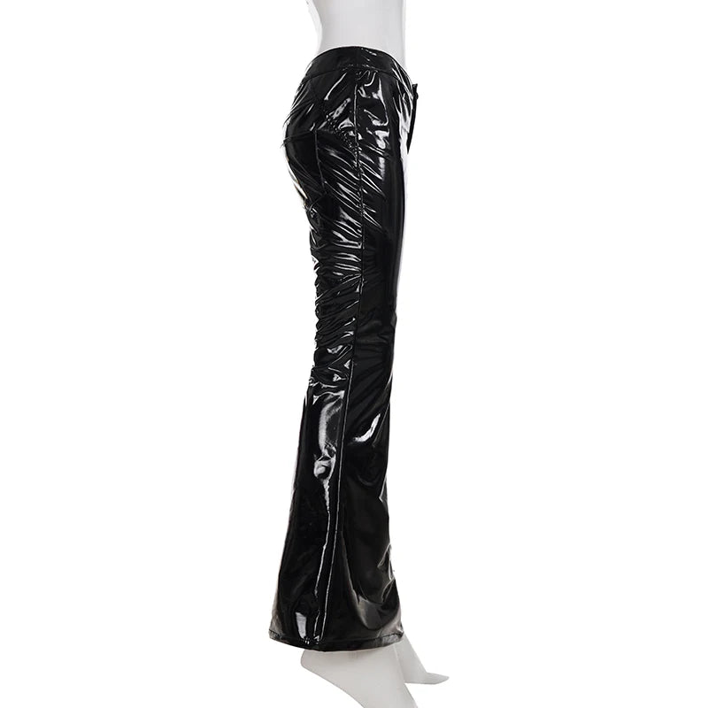 Sexy Damen Fashion Hose Gothic Punk glänzende PU Lederhose Schlaghose Latex