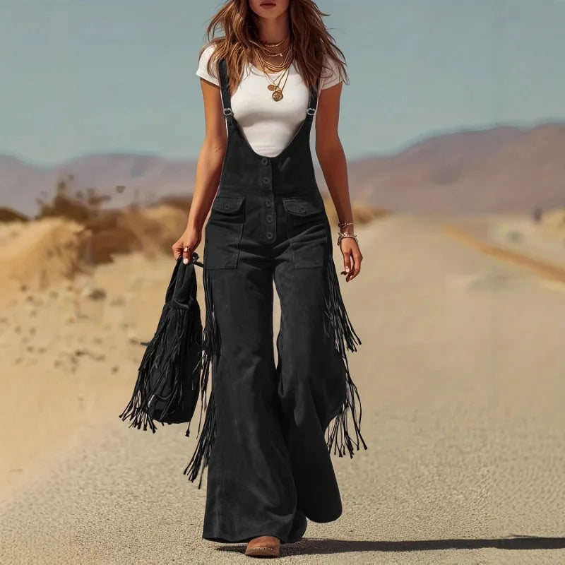 Damen Fashion Hose Latzhose Schlaghose Retro Western Flare Trägerhose Overall