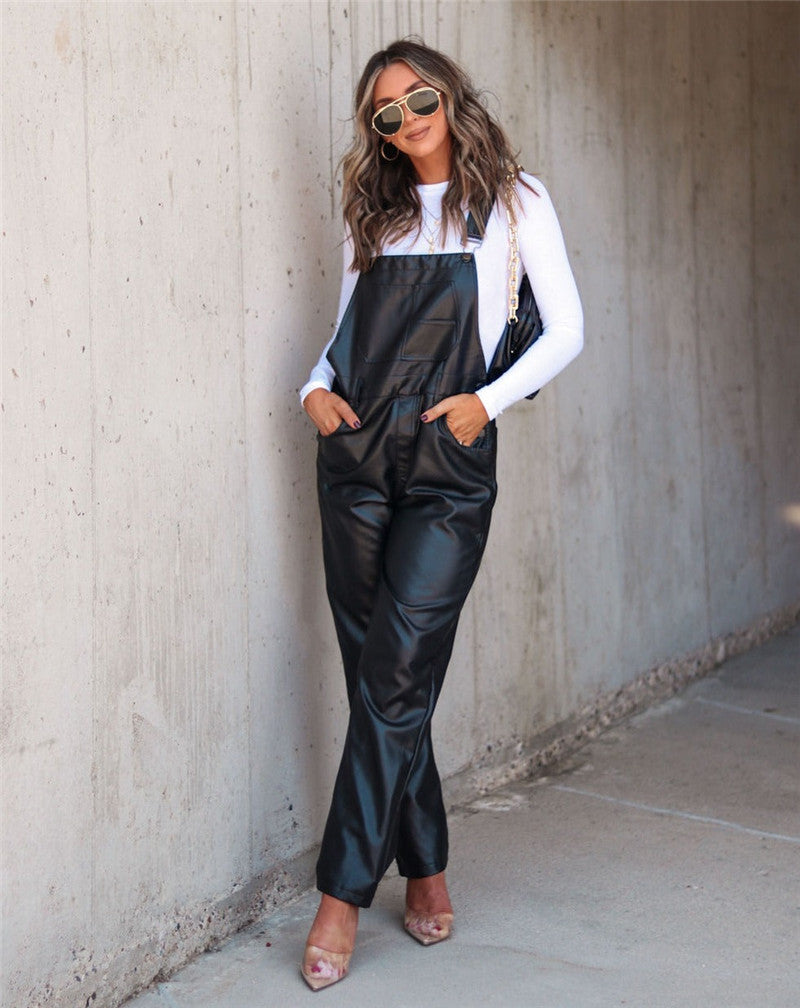 Damen Fashion Hose Latzhose Schlaghose PU Lederhose Flare Trägerhose Overall