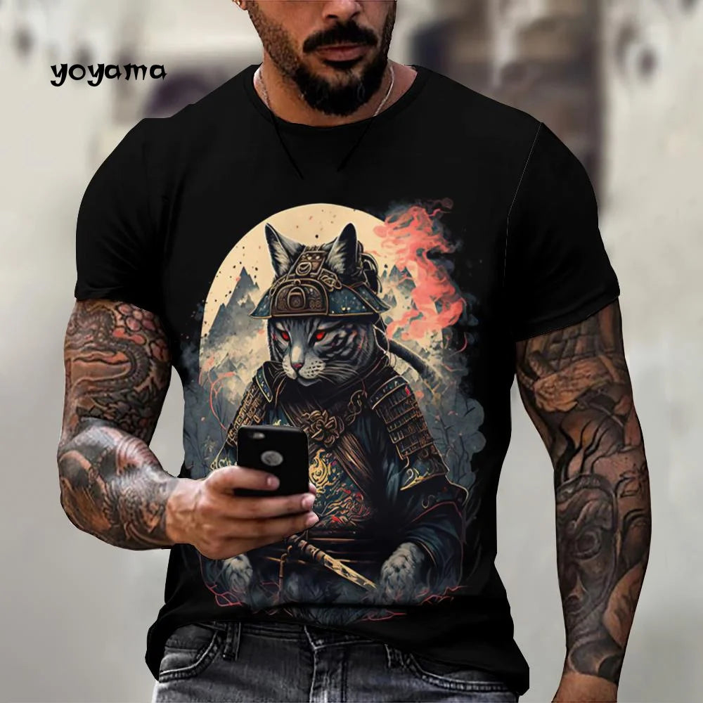 Japanische Samurai Katze Muster männer T-Shirt 3D Spaß Druck Kurzarm Sommer T-Shirt Harajuku Tops männer Straße Casual kleidung