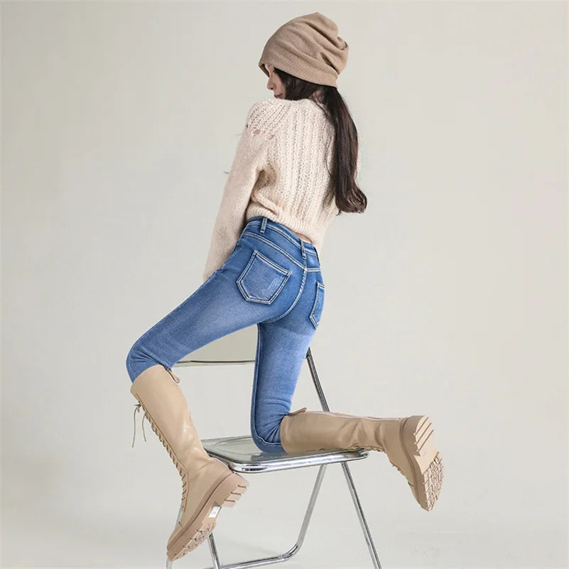 Damen Winter Warm Thermo Jeans Hose Innenfleece Stretch Hosen Leggins Denim