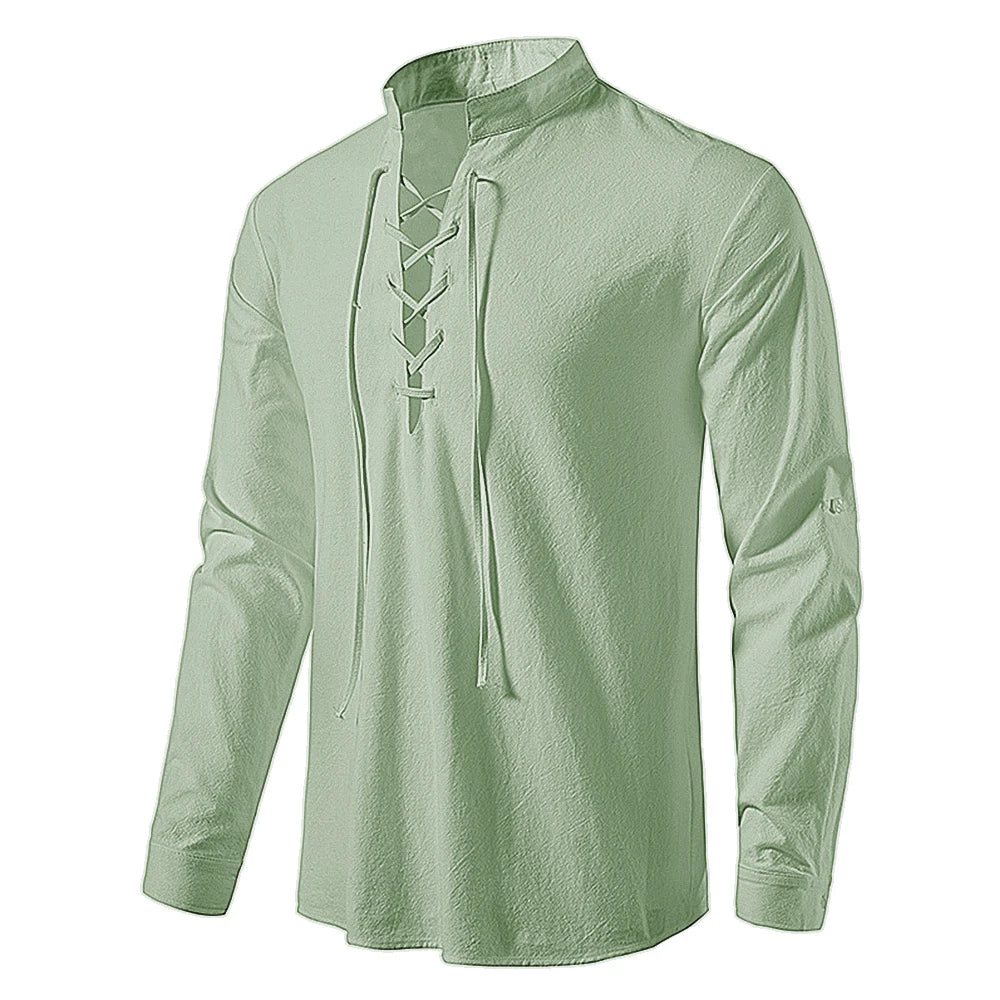 Herren Poloshirt Leinenhemd Langarm T-Shirt Leinen Hemd Polohemd Freizeithemd