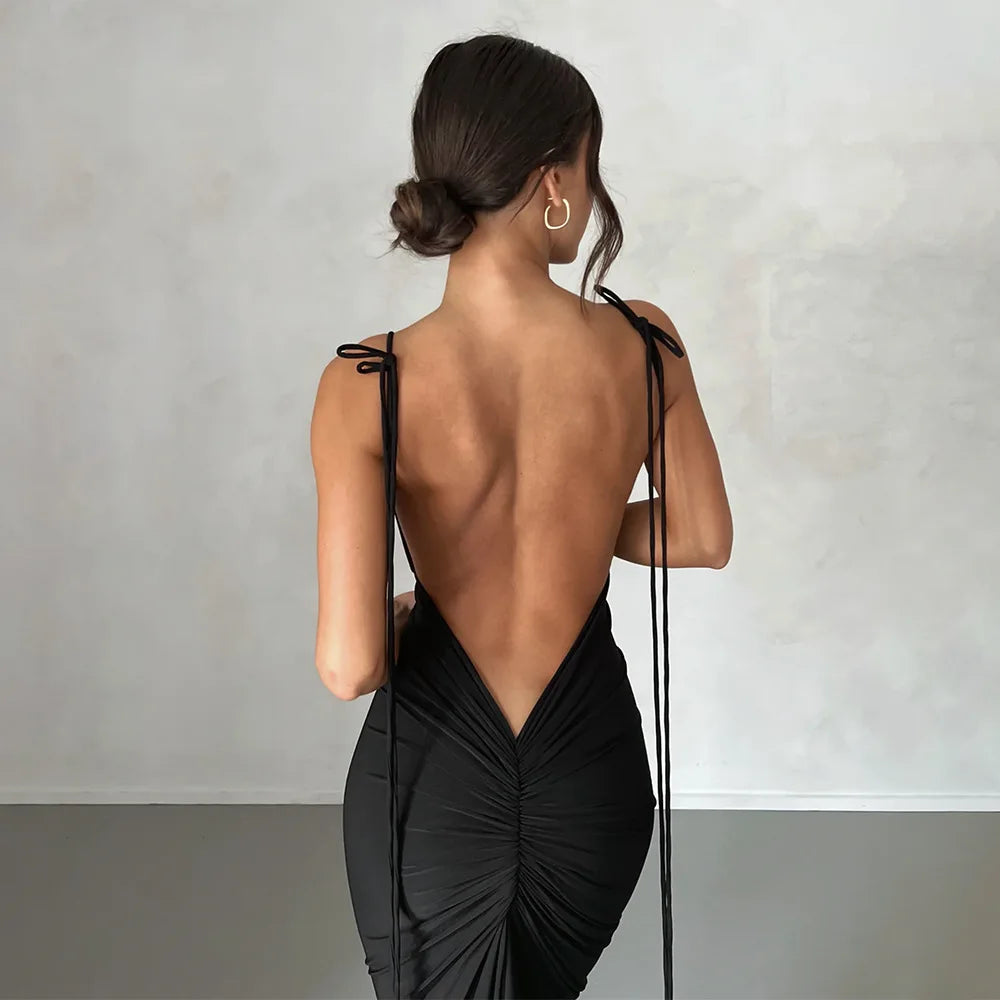 Frauen Kleid rückenfreies Partykleid Langes Trägerkleid Abendkleid Cocktailkleid