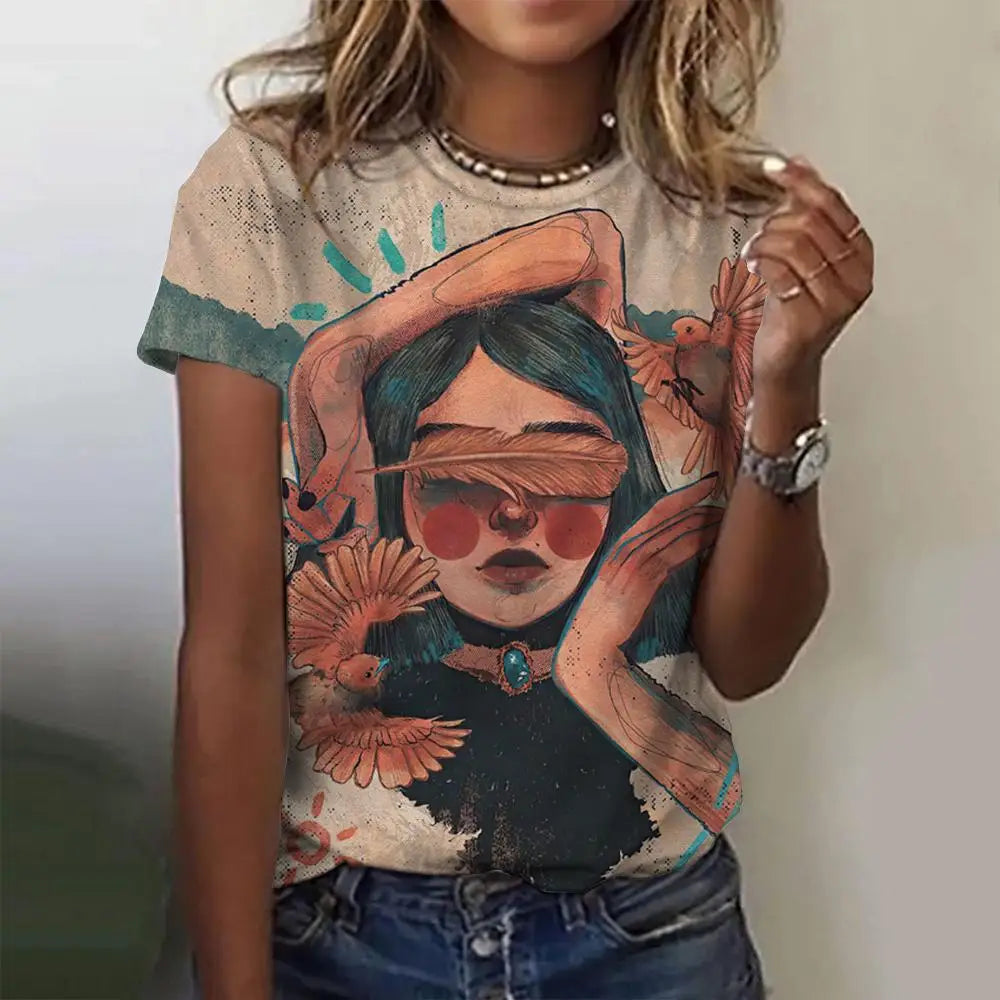 Damen Sommer Top 3D Cartoon T-Shirt Rundhals Streetwear lockeres Damentop Bluse