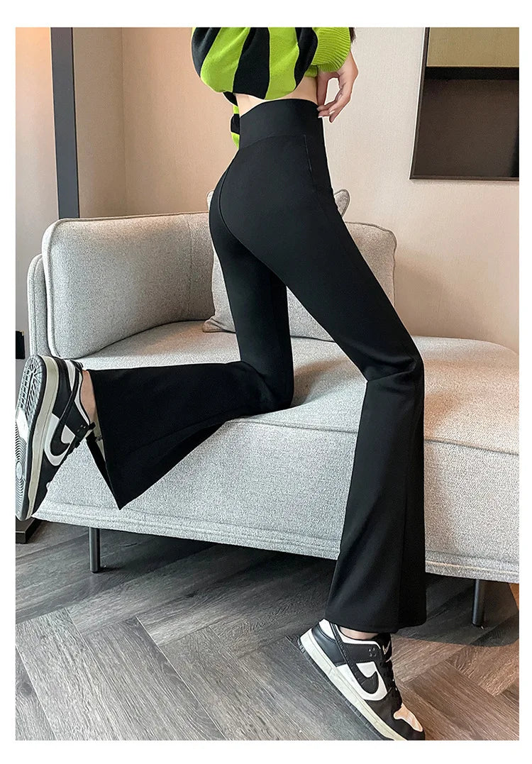 Hohe Taille, mit Fleece gefüttert, Bootcut-Yogahose, Damen-Oberbekleidung, Frühling, Herbst, Winter, schlankmachend, schwarz, Bauchkontrolle, lässig, Hai...