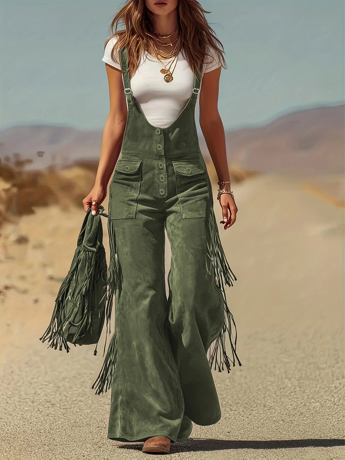 Damen Fashion Hose Latzhose Schlaghose Retro Western Flare Trägerhose Overall