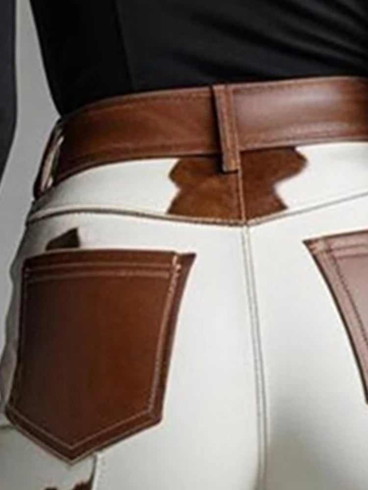 Sexy Damen Fashion Hose Kunst Lederhose Schlaghose Retro Western Flare Kuhmuster