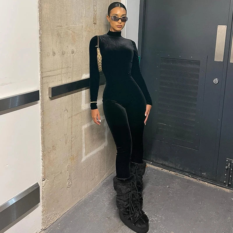 Dulzura Herbst Samt Sexy Y2K Kleidung Lange Hülse O-ansatz Bodycon Dünne Zipper Overall Frauen Sportliche Streetwear Strampler Outfits