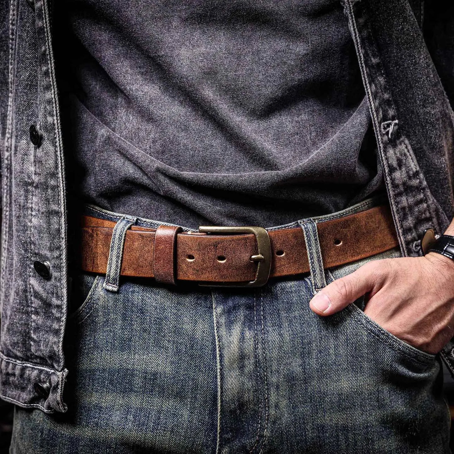 Jeans-Gürtel Herren Eckig Schnalle Echt Leder Gürtel Braun Breite Schnalle
