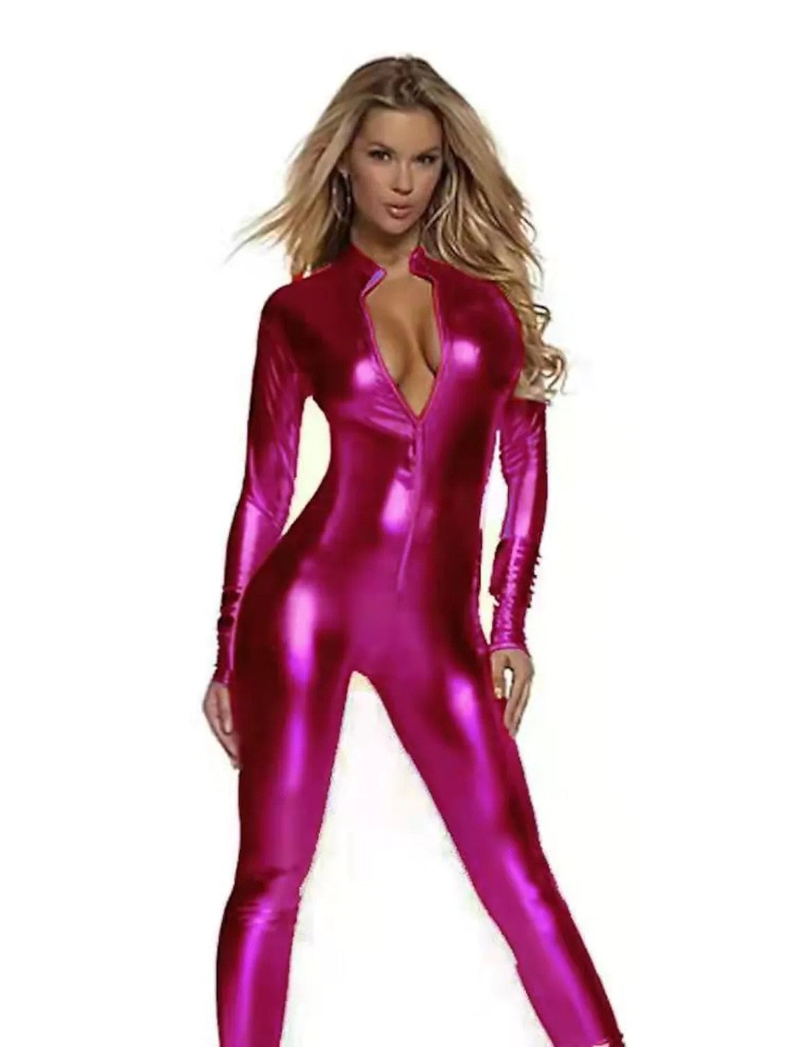 Sexy Damen Glänzender Metallischer Overall Bodysuit Catsuit Clubwear Fetisch