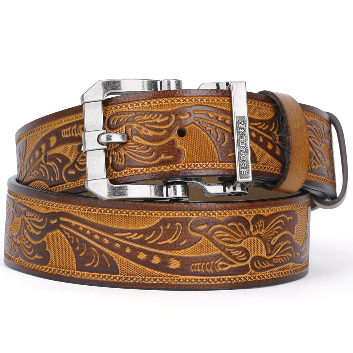 BISON DENIM Rindsleder Retro Gedruckt Männer Gürtel Echtes Split Leder Legierung Pin Schnalle Gürtel Casual Western Cowboy Stil Gürtel Für Männer