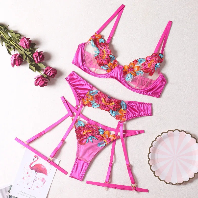 3Tlg BH Set Damen Strapsen Dessous Strumpfgürtel Unterwäsche Strumpfhalter