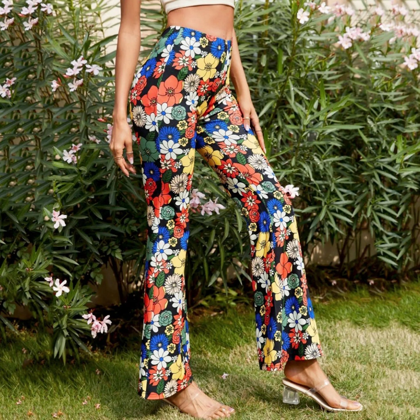 Damen Hose Bootcut Hüftjeans Schlaghose Flared Leggins Flower Power Retro Boho