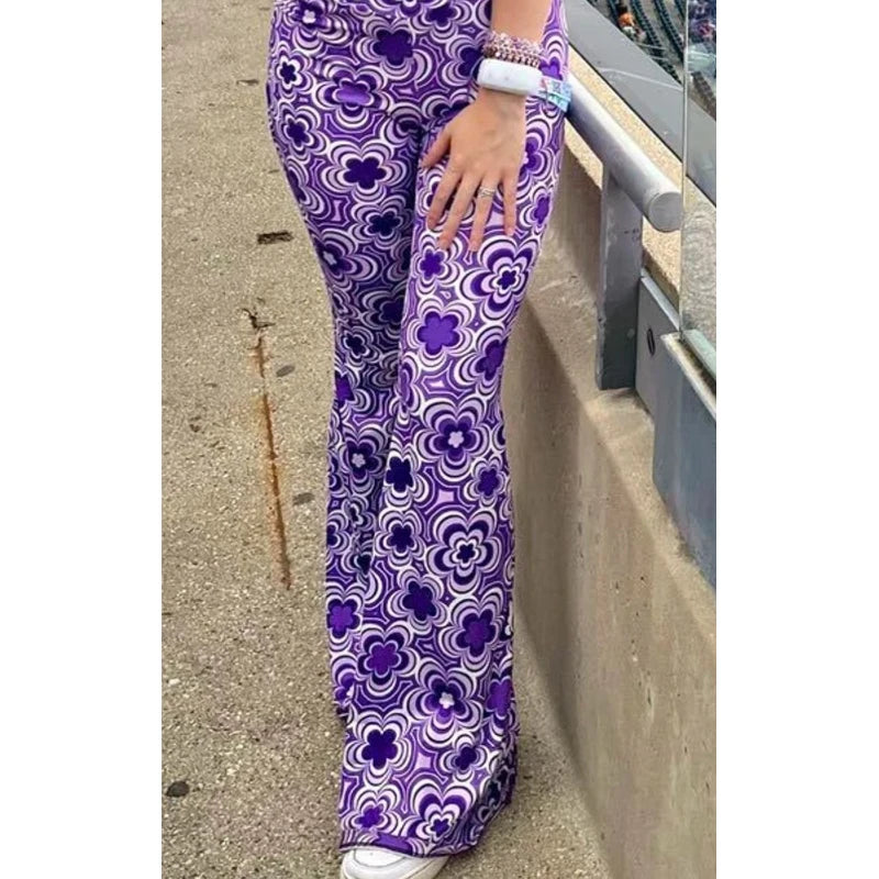 Damen Yoga Hose Bootcut Hüftjeans Schlaghose Flared Leggins Flower Power Retro