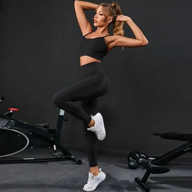 Damen Leggings Push Up Stretch Leggins Yoga Fitness Hose Sport BH Set Top Gym