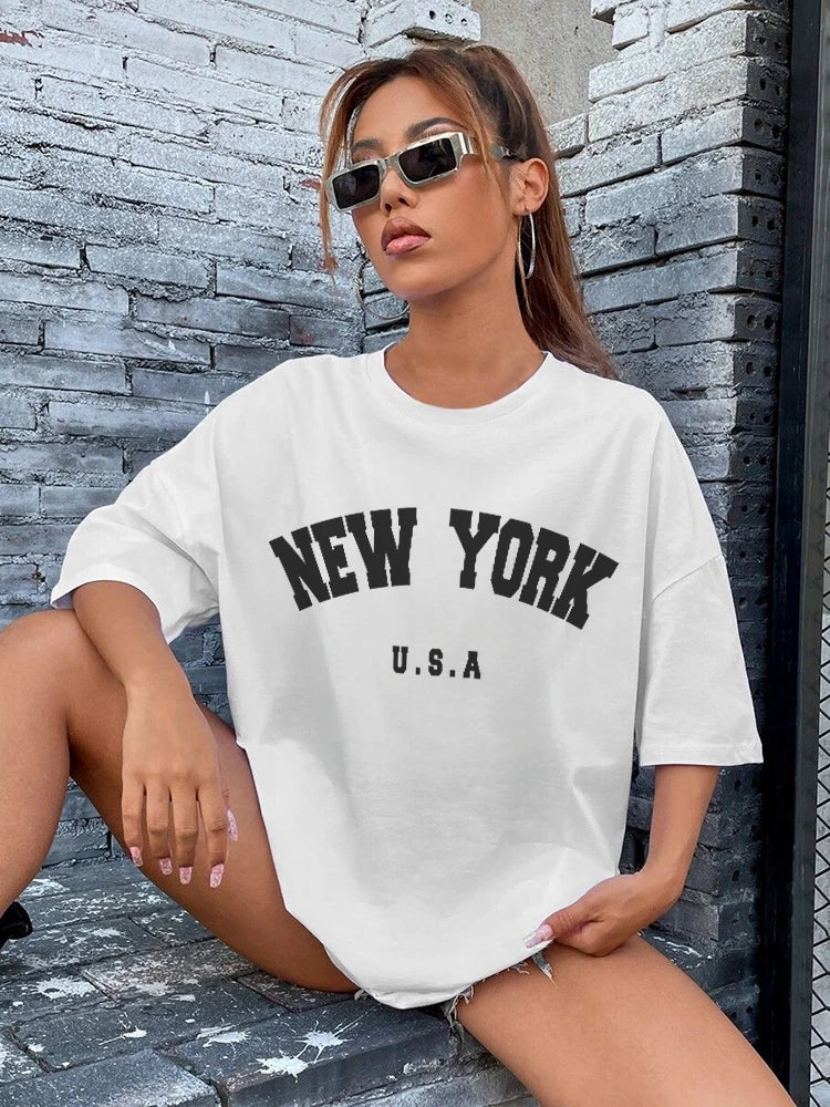 Damen Sommer Top NEW YORK U.S.A T-Shirt Rundhals Streetwear Baumwoll Damentop