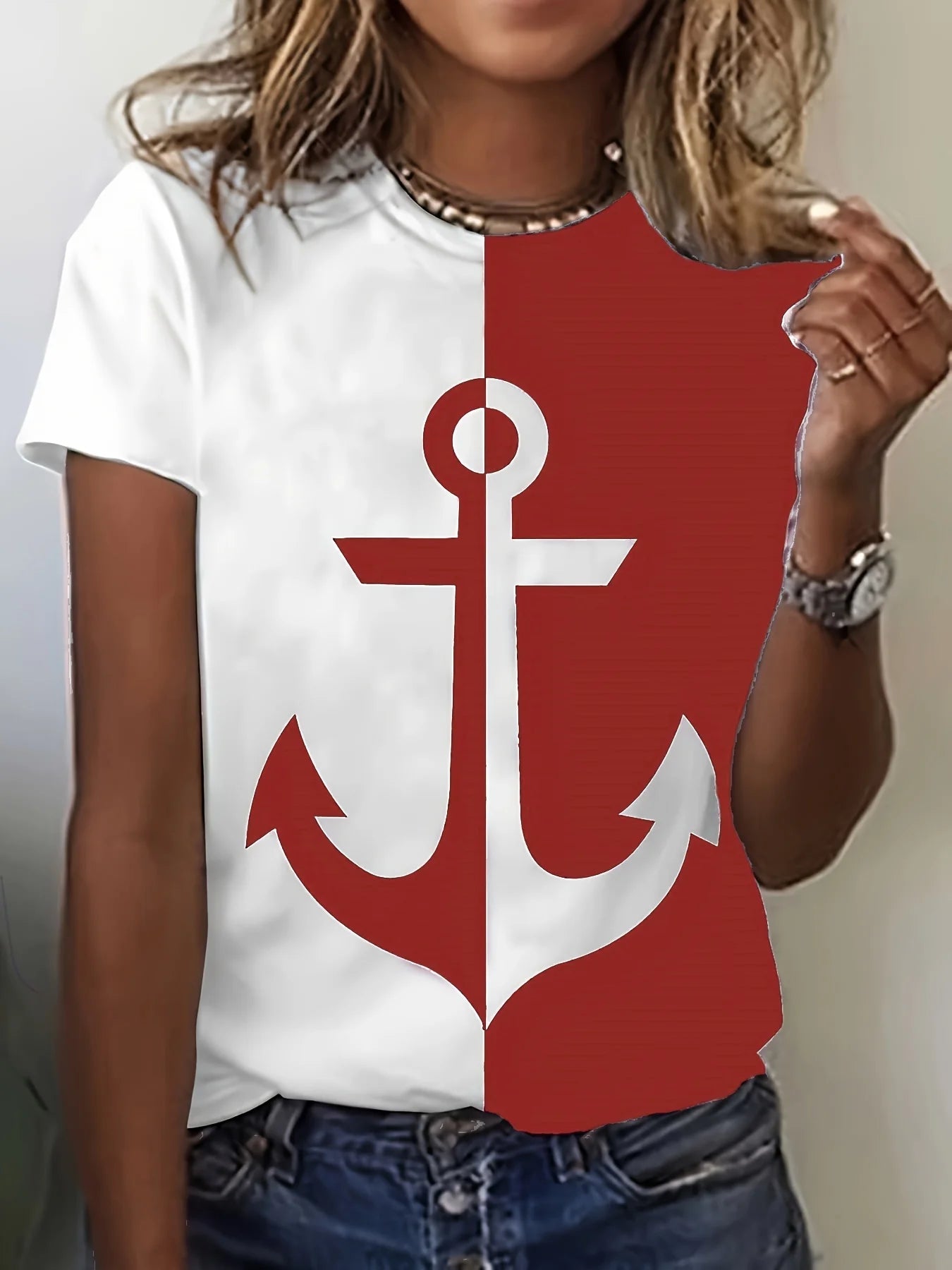 Damen Sommer Top Anker T-Shirt Rundhals Streetwear lockeres Damentop Anker-Motiv