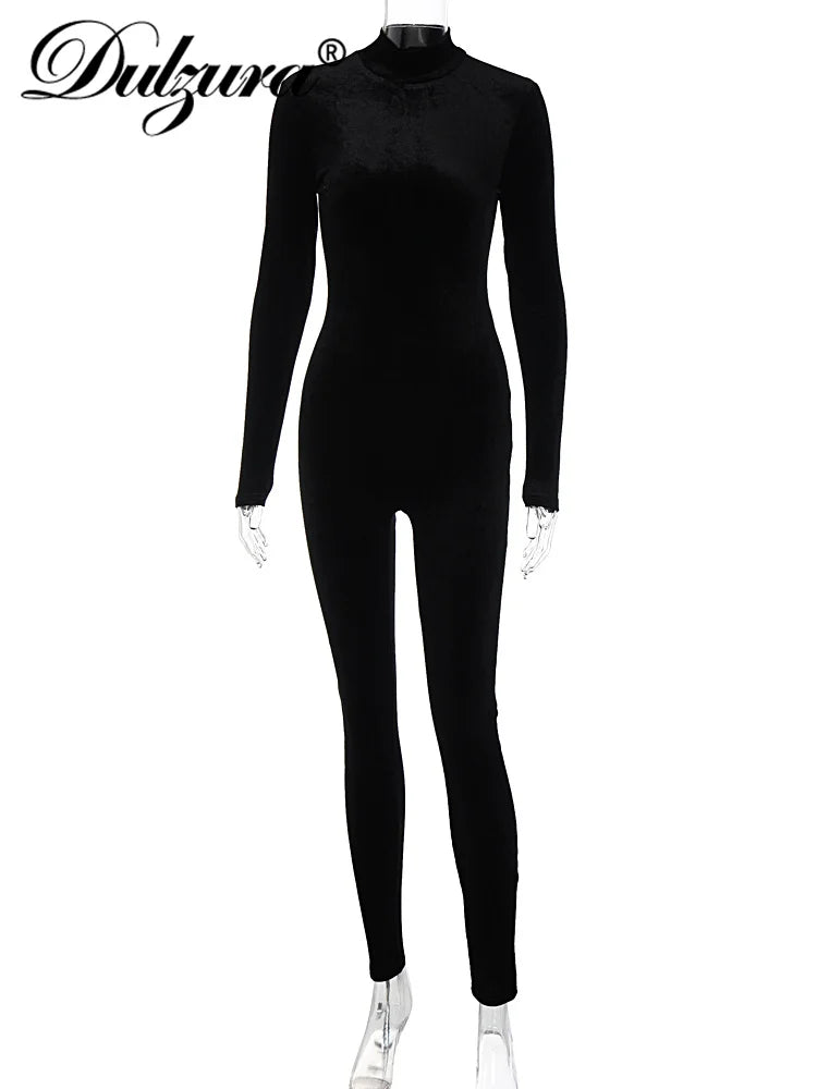 Dulzura Herbst Samt Sexy Y2K Kleidung Lange Hülse O-ansatz Bodycon Dünne Zipper Overall Frauen Sportliche Streetwear Strampler Outfits