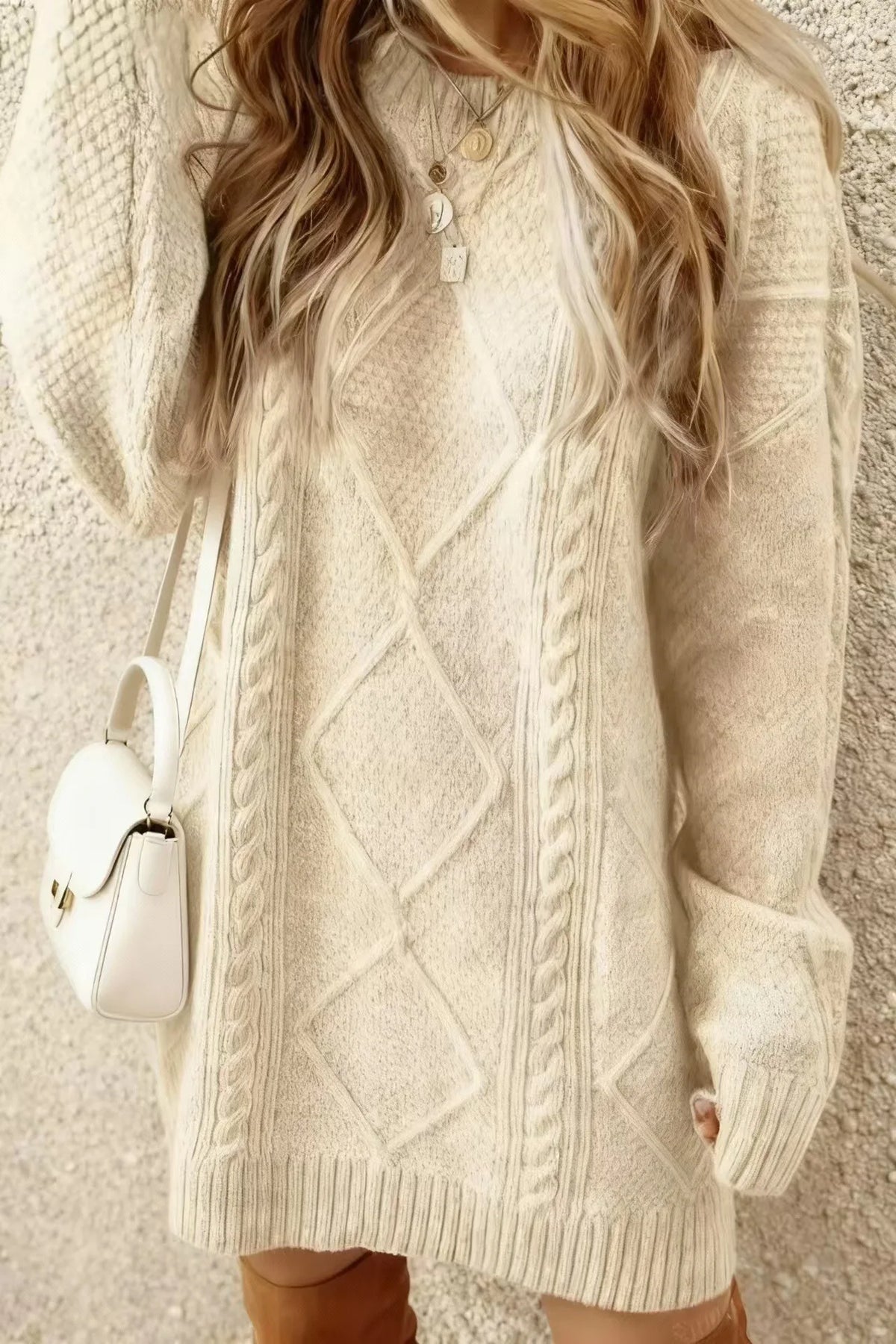 Strickkleid Damen Langarm Y2K Pullover Maxikleid Herbst Winter Khaki