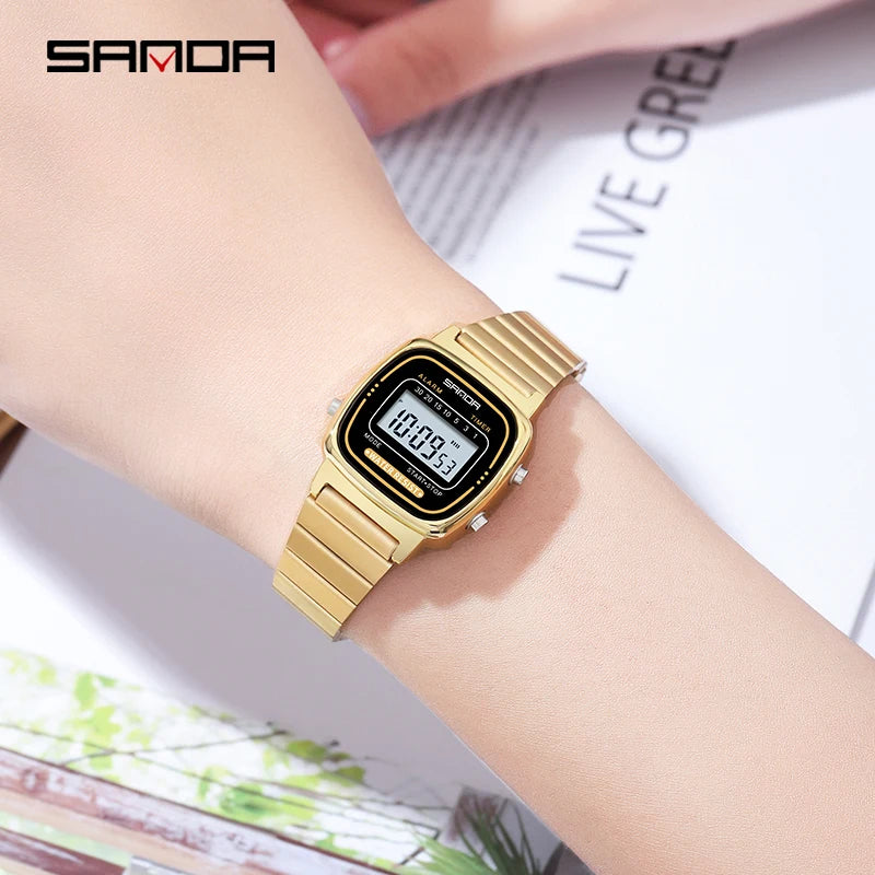 Damen Armbanduhr Armband Retro Digital Uhr Luxus Quarz Gold Quarzuhr LED-Anzeige