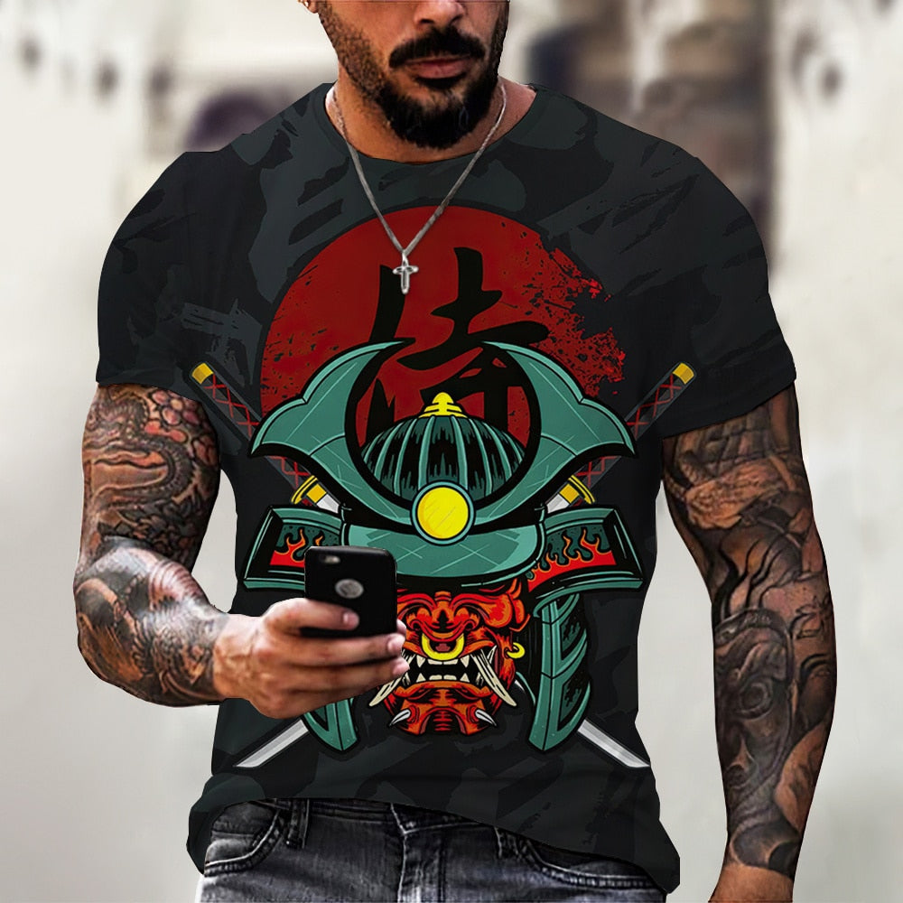 Herren Samurai Oversized 3D T-Shirt Rundhals Unisex Sommer Streetwear